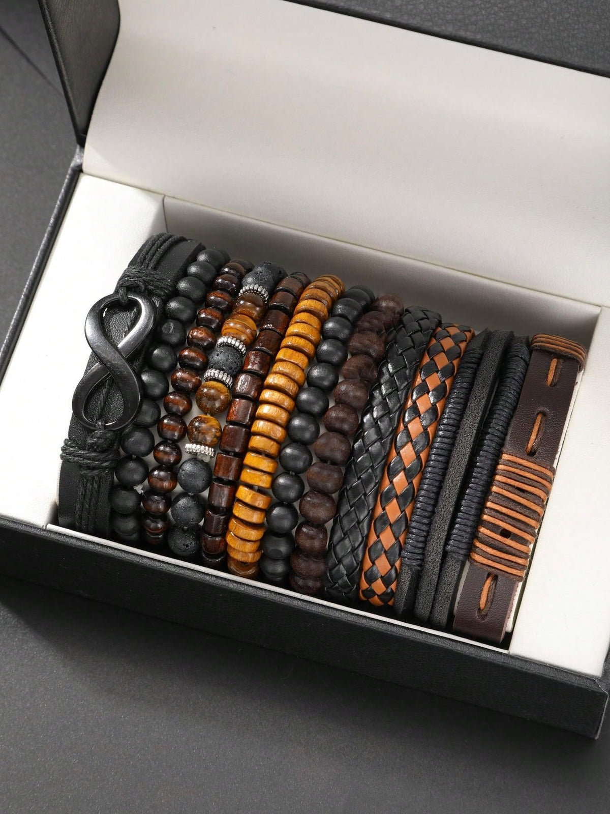 12pcs/Set Men's Vintage Casual Beaded PU Leather Bracelet Set, Suitable For Daily, Outdoor, Sports, Fashionable Boyfriend Gift