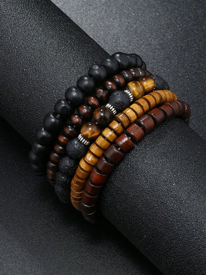 12pcs/Set Men's Vintage Casual Beaded PU Leather Bracelet Set, Suitable For Daily, Outdoor, Sports, Fashionable Boyfriend Gift