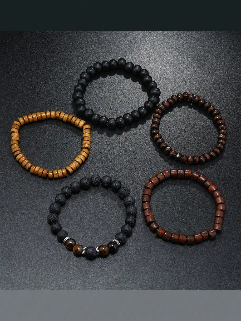 12pcs/Set Men's Vintage Casual Beaded PU Leather Bracelet Set, Suitable For Daily, Outdoor, Sports, Fashionable Boyfriend Gift