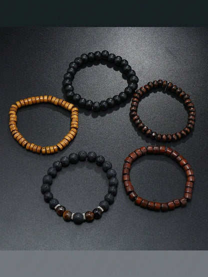 12pcs/Set Men's Vintage Casual Beaded PU Leather Bracelet Set, Suitable For Daily, Outdoor, Sports, Fashionable Boyfriend Gift