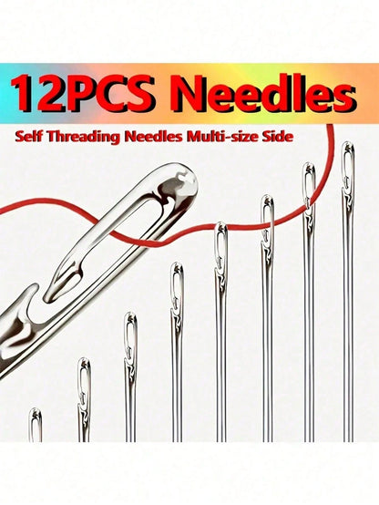 12pcs Stainless Steel Easy-Threading Side Hole Sewing Needles, Suitable For Elderly Handcraft, DIY Household Arts & Crafts Accessories- White, Sewing Needles