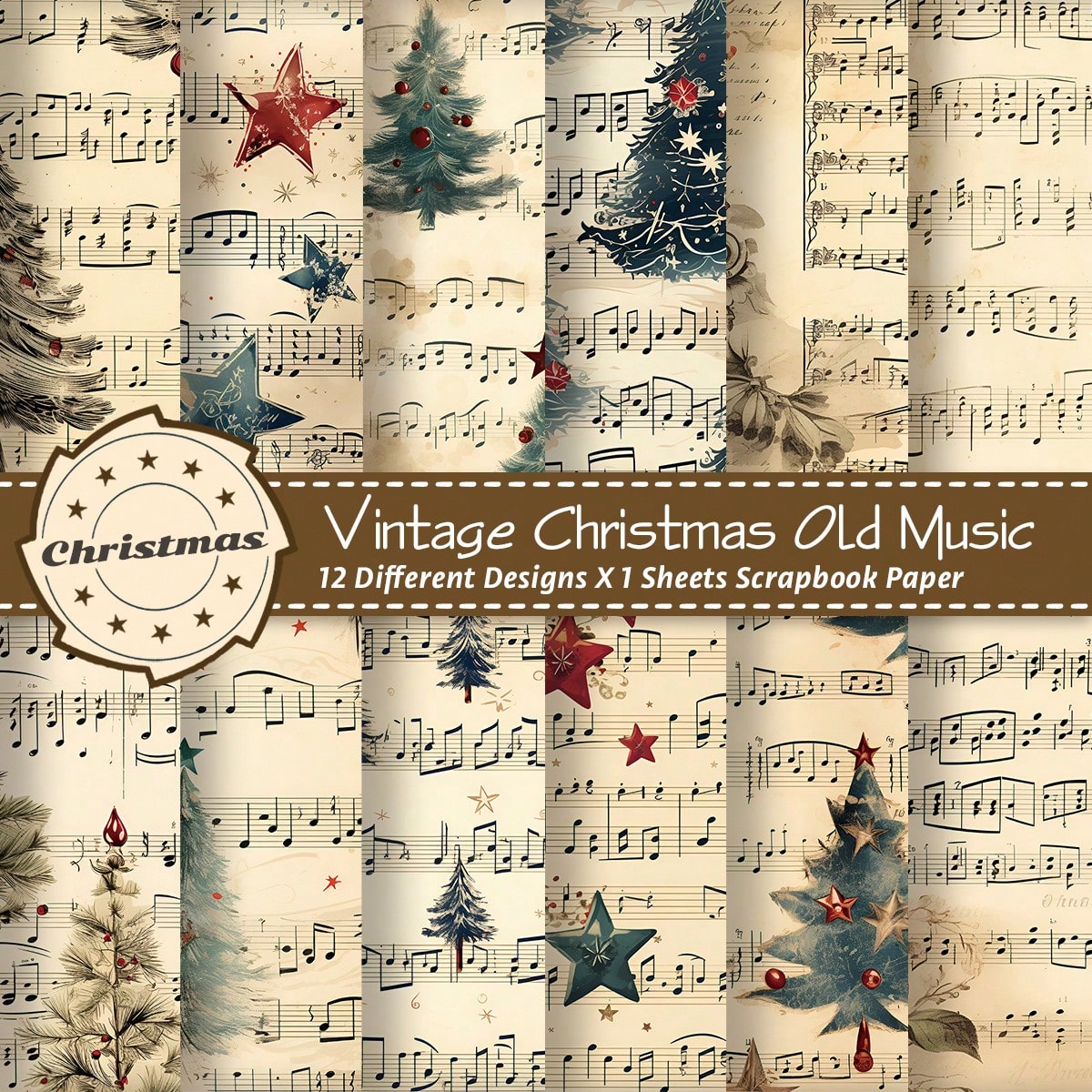 12pcs Vintage Christmas Sheet Music Scrapbook Paper- DIY Craft Material Paper For Scrapbooking, Card Making, Junk Journals And Paper Cutting, Decorative Papers Xmas Cardstock