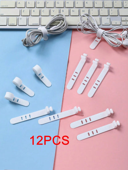 12pcs White Portable Silicon Cable Ties With Buckle For Data Cable, Ethernet Cable, Earphone, Charging Cable Management, Loss Prevention Cable Organizer