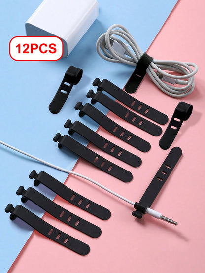 12pcs White Portable Silicon Cable Ties With Buckle For Data Cable, Ethernet Cable, Earphone, Charging Cable Management, Loss Prevention Cable Organizer