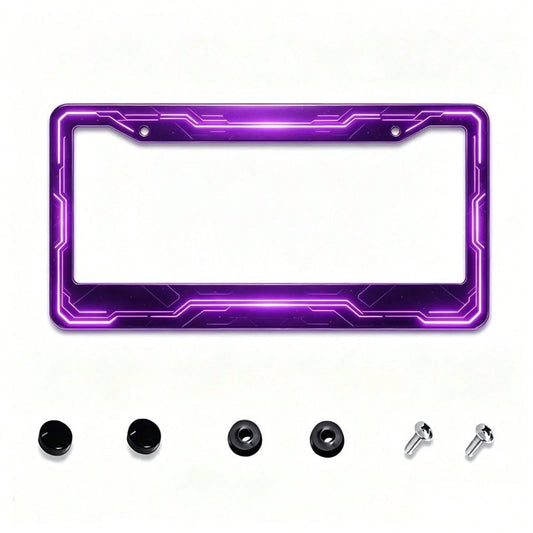 12x6 Inch 2D Flat Purple Background Neon Tech Line Aluminum License Plate Frame, Cyberpunk Style Car Front & Rear License Plate Cover, Fits Standard License Plates,Black Car Accessories,Car Decor,Car
