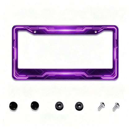 12x6 Inch 2D Flat Purple Background Neon Tech Line Aluminum License Plate Frame, Cyberpunk Style Car Front & Rear License Plate Cover, Fits Standard License Plates,Black Car Accessories,Car Decor,Car