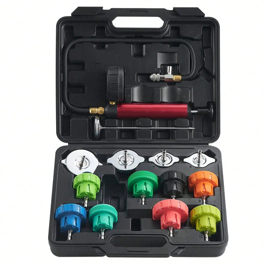 14-Piece Universal Coolant Pressure Examination Set, Manual Pump And Diverse Steel Cap Adapters, Accompanied By A Toolbox, Suitable For Automobiles, Motorcycles, And Truck Cooling Systems