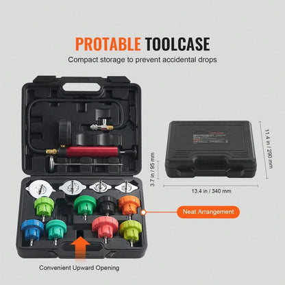 14-Piece Universal Coolant Pressure Examination Set, Manual Pump And Diverse Steel Cap Adapters, Accompanied By A Toolbox, Suitable For Automobiles, Motorcycles, And Truck Cooling Systems