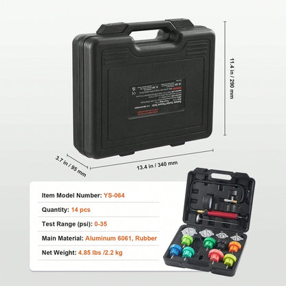 14-Piece Universal Coolant Pressure Examination Set, Manual Pump And Diverse Steel Cap Adapters, Accompanied By A Toolbox, Suitable For Automobiles, Motorcycles, And Truck Cooling Systems