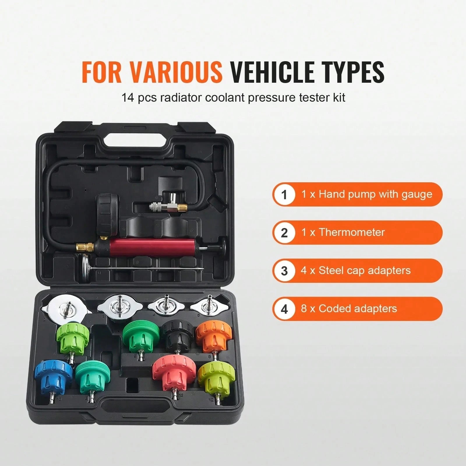 14-Piece Universal Coolant Pressure Examination Set, Manual Pump And Diverse Steel Cap Adapters, Accompanied By A Toolbox, Suitable For Automobiles, Motorcycles, And Truck Cooling Systems