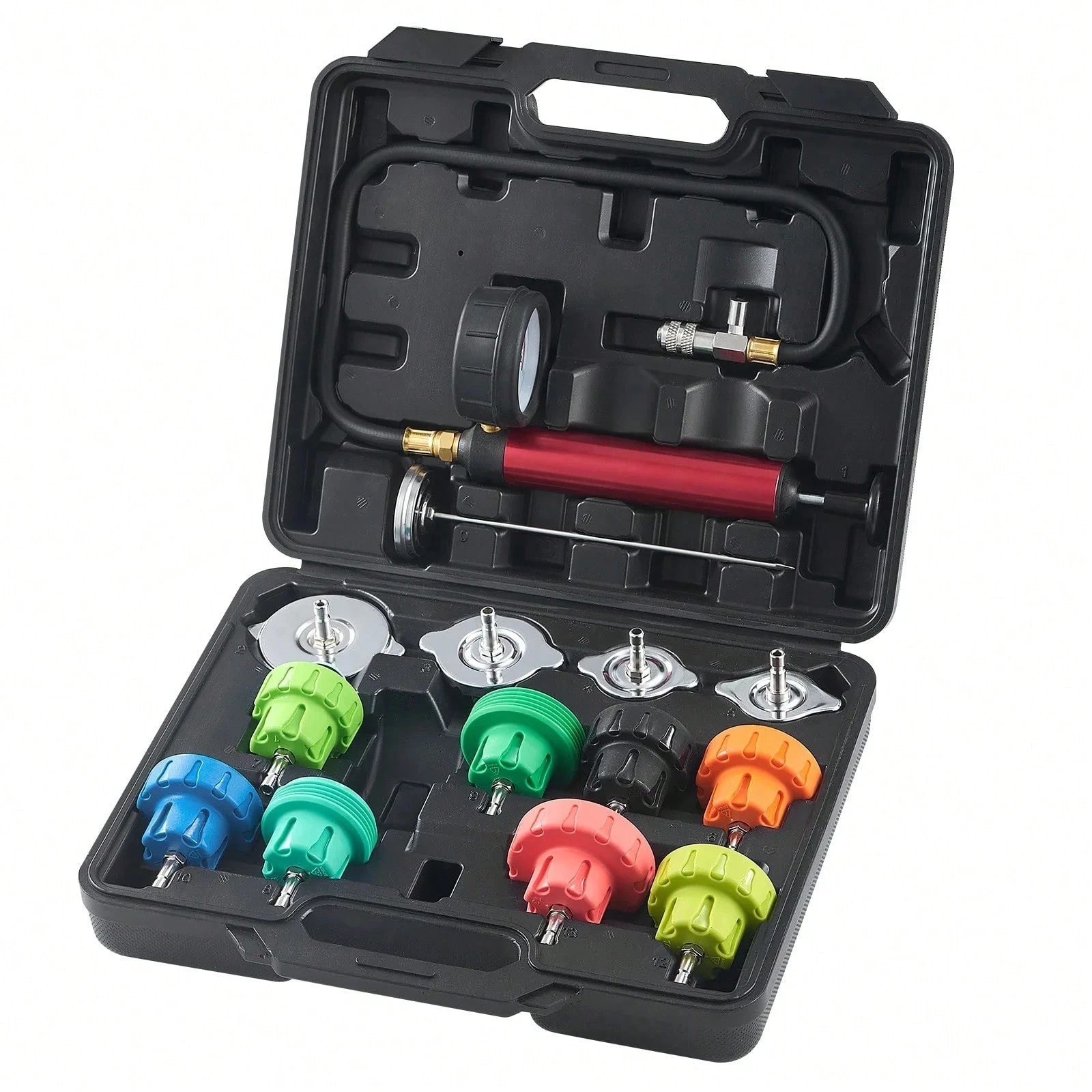 14-Piece Universal Coolant Pressure Examination Set, Manual Pump And Diverse Steel Cap Adapters, Accompanied By A Toolbox, Suitable For Automobiles, Motorcycles, And Truck Cooling Systems
