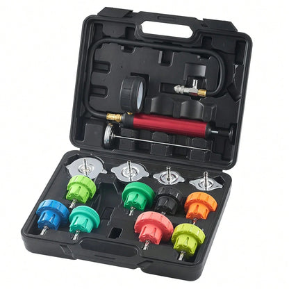 14-Piece Universal Coolant Pressure Examination Set, Manual Pump And Diverse Steel Cap Adapters, Accompanied By A Toolbox, Suitable For Automobiles, Motorcycles, And Truck Cooling Systems