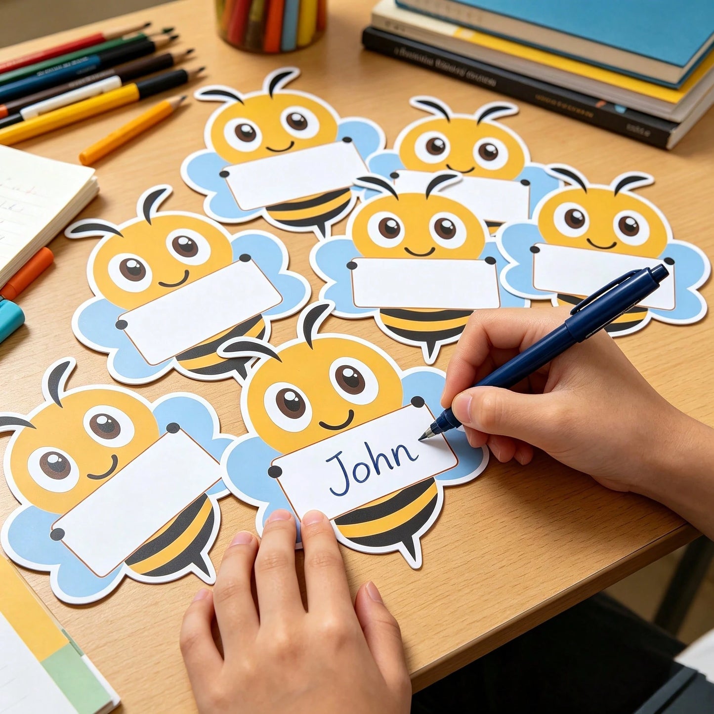 14pcs/Set Back To School Decorations, 12pcs Bee Paper Labels + 2pcs Durable Round Adhesive Stickers, Suitable For Classroom Bulletin Board, Locker, Desk Name Tag Decoration