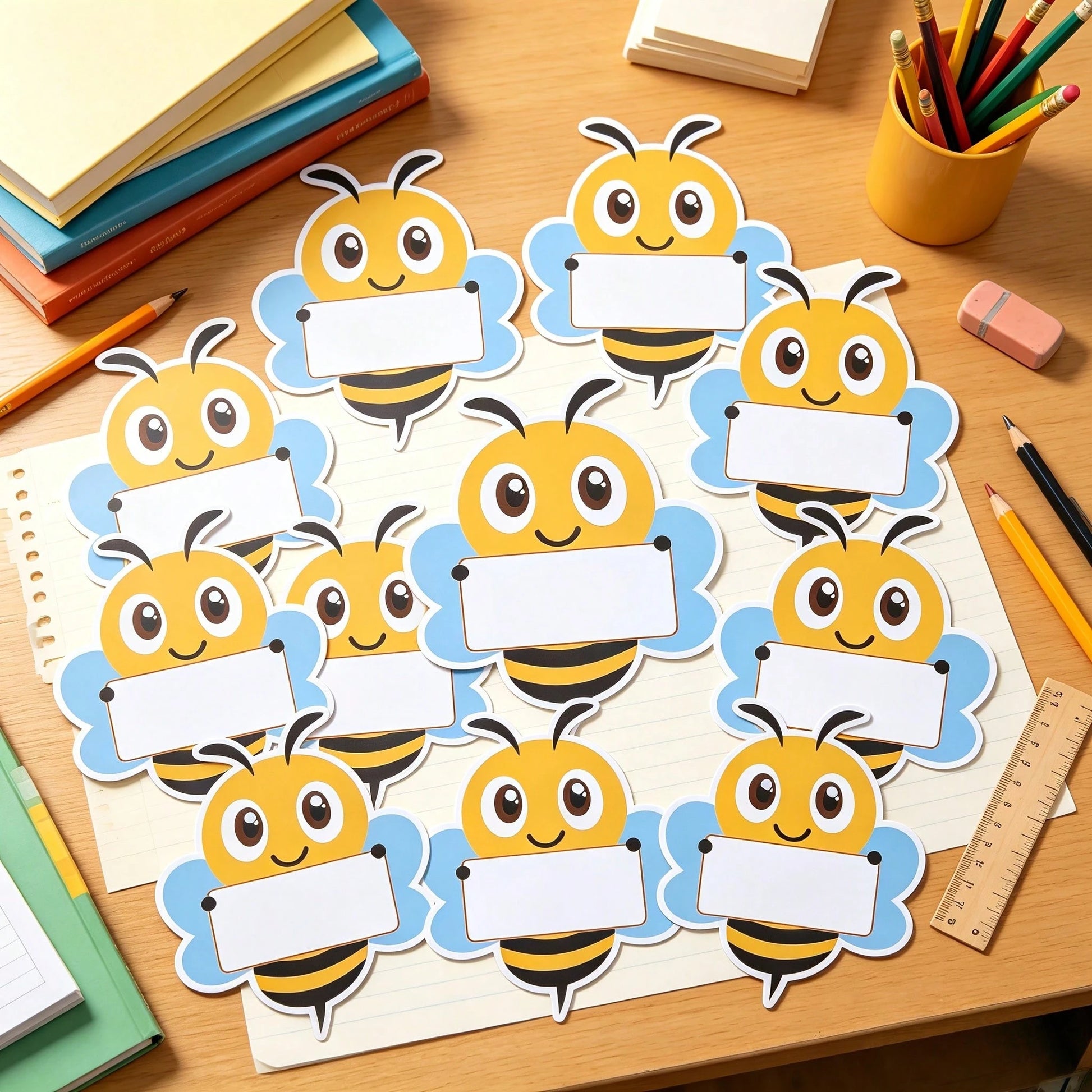 14pcs/Set Back To School Decorations, 12pcs Bee Paper Labels + 2pcs Durable Round Adhesive Stickers, Suitable For Classroom Bulletin Board, Locker, Desk Name Tag Decoration