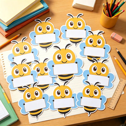 14pcs/Set Back To School Decorations, 12pcs Bee Paper Labels + 2pcs Durable Round Adhesive Stickers, Suitable For Classroom Bulletin Board, Locker, Desk Name Tag Decoration