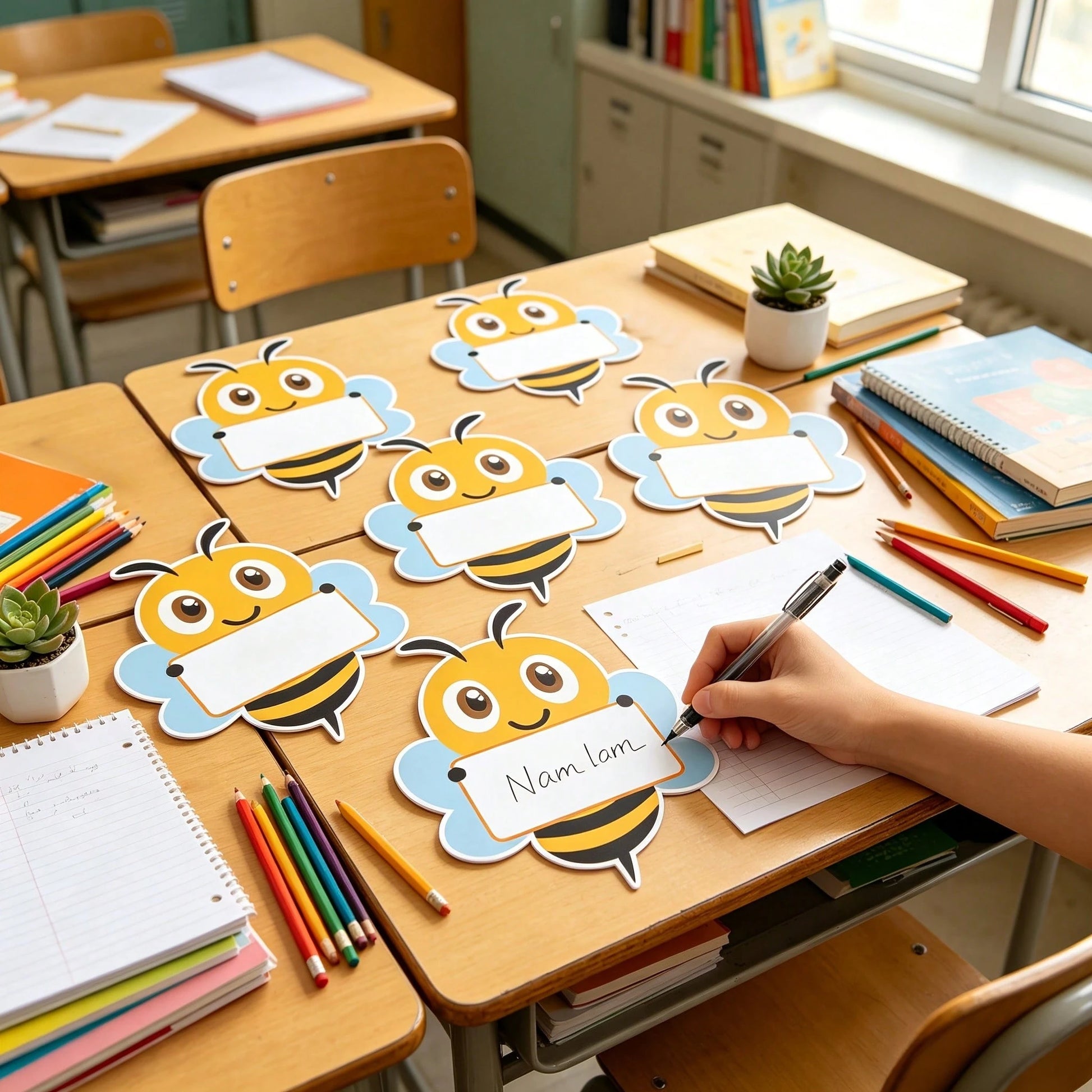 14pcs/Set Back To School Decorations, 12pcs Bee Paper Labels + 2pcs Durable Round Adhesive Stickers, Suitable For Classroom Bulletin Board, Locker, Desk Name Tag Decoration