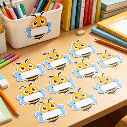 14pcs/Set Back To School Decorations, 12pcs Bee Paper Labels + 2pcs Durable Round Adhesive Stickers, Suitable For Classroom Bulletin Board, Locker, Desk Name Tag Decoration