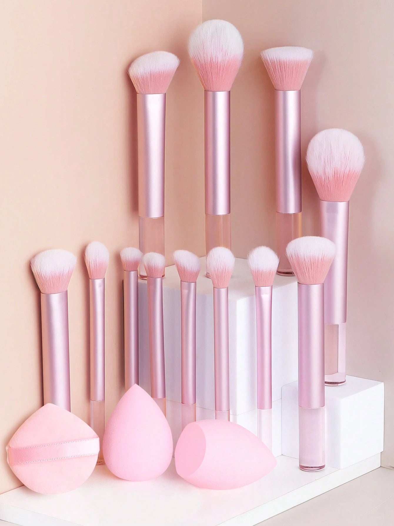 15pcs Professional Makeup Brush Set Includes 12pcs Aluminum Tube Makeup Brushes + 2pcs Big Size Makeup Sponges + 1pc Powder Puff, Powder Brush, Foundation Brush, Contour Brush, Blush Brush, Eyeshadow