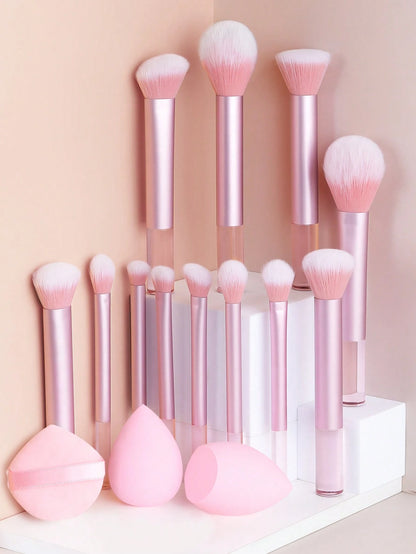 15pcs Professional Makeup Brush Set Includes 12pcs Aluminum Tube Makeup Brushes + 2pcs Big Size Makeup Sponges + 1pc Powder Puff, Powder Brush, Foundation Brush, Contour Brush, Blush Brush, Eyeshadow