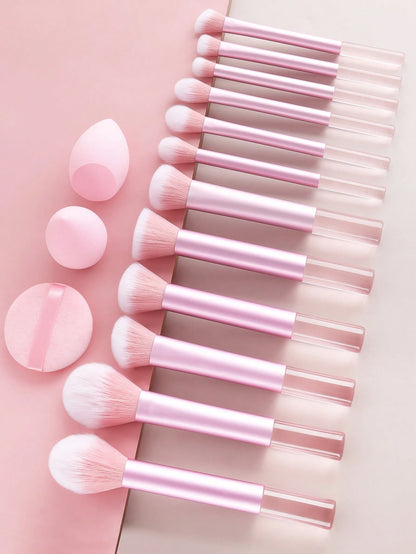 15pcs Professional Makeup Brush Set Includes 12pcs Aluminum Tube Makeup Brushes + 2pcs Big Size Makeup Sponges + 1pc Powder Puff, Powder Brush, Foundation Brush, Contour Brush, Blush Brush, Eyeshadow