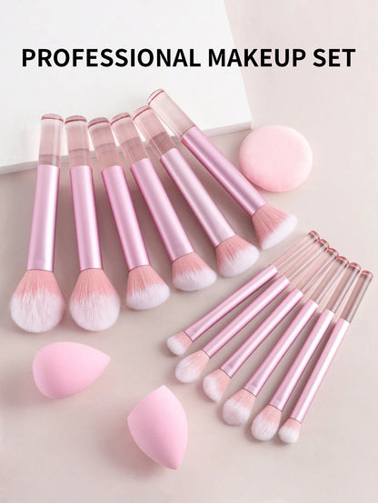 15pcs Professional Makeup Brush Set Includes 12pcs Aluminum Tube Makeup Brushes + 2pcs Big Size Makeup Sponges + 1pc Powder Puff, Powder Brush, Foundation Brush, Contour Brush, Blush Brush, Eyeshadow
