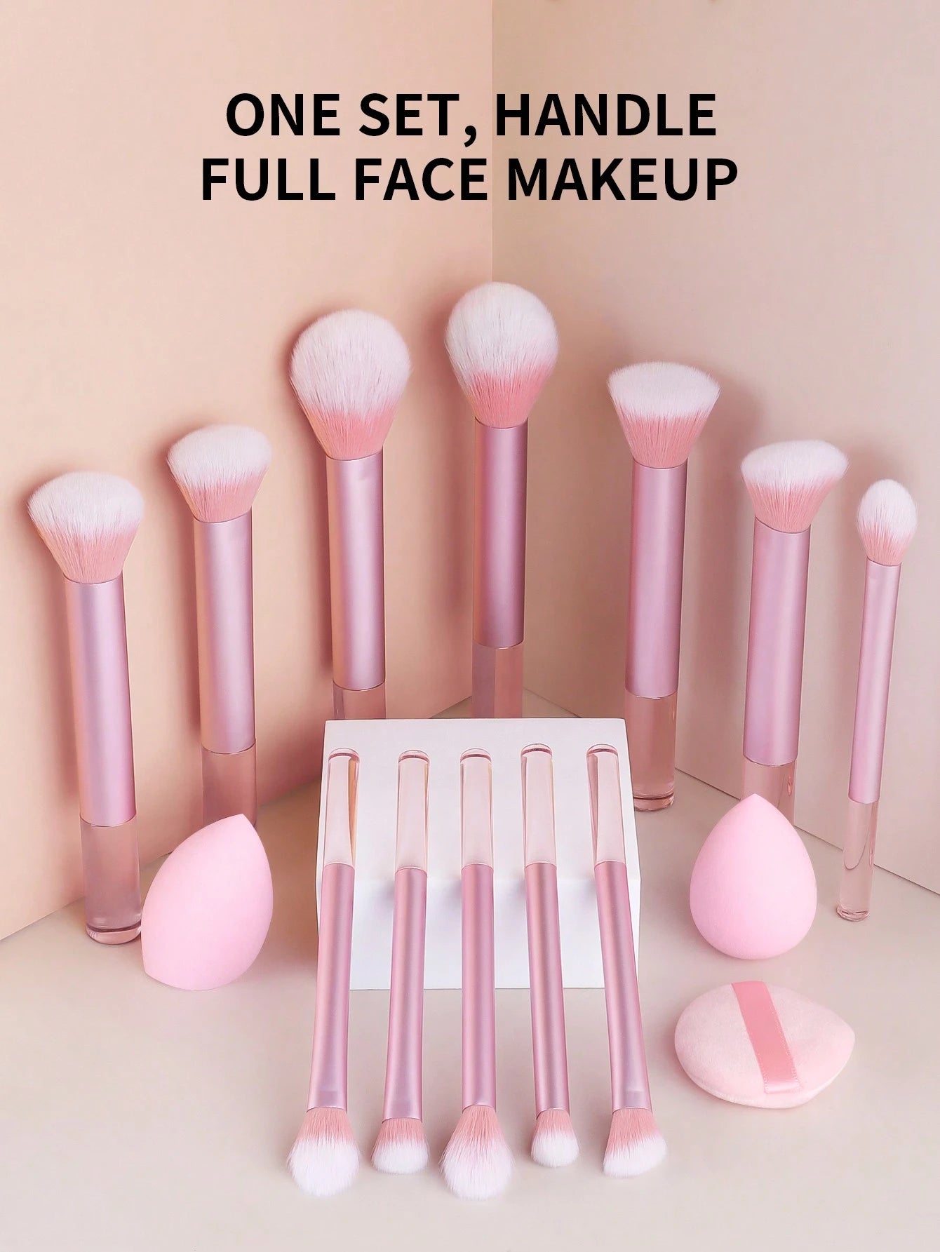 15pcs Professional Makeup Brush Set Includes 12pcs Aluminum Tube Makeup Brushes + 2pcs Big Size Makeup Sponges + 1pc Powder Puff, Powder Brush, Foundation Brush, Contour Brush, Blush Brush, Eyeshadow