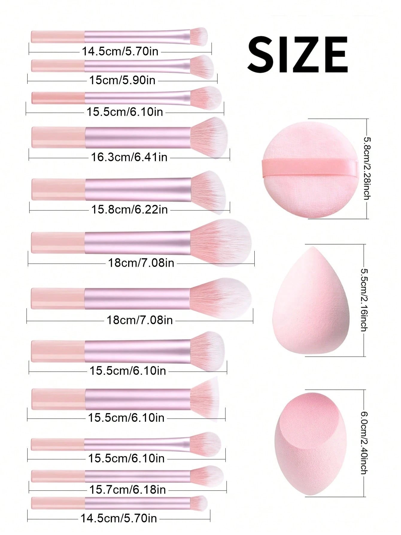15pcs Professional Makeup Brush Set Includes 12pcs Aluminum Tube Makeup Brushes + 2pcs Big Size Makeup Sponges + 1pc Powder Puff, Powder Brush, Foundation Brush, Contour Brush, Blush Brush, Eyeshadow