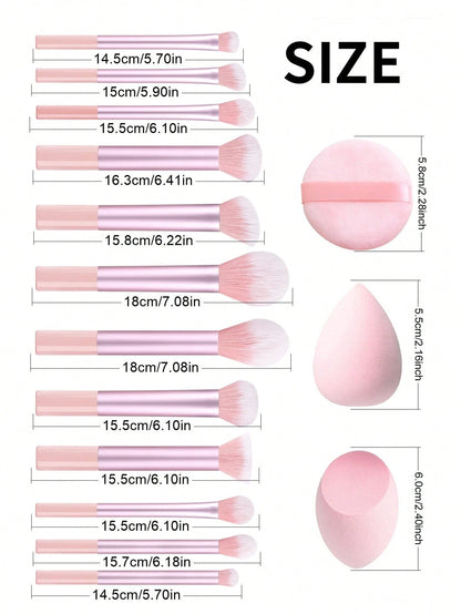 15pcs Professional Makeup Brush Set Includes 12pcs Aluminum Tube Makeup Brushes + 2pcs Big Size Makeup Sponges + 1pc Powder Puff, Powder Brush, Foundation Brush, Contour Brush, Blush Brush, Eyeshadow