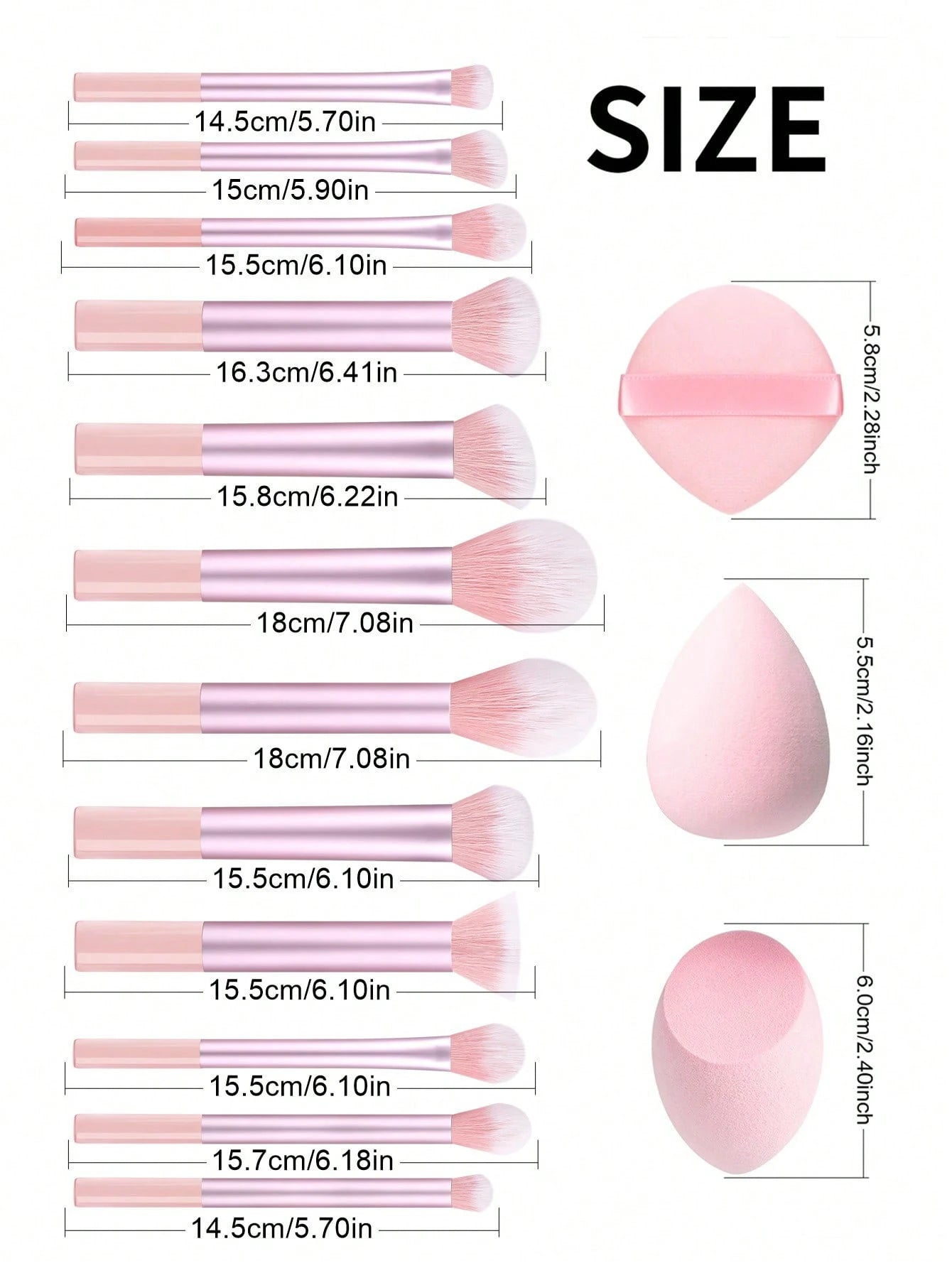 15pcs Professional Makeup Brush Set Includes 12pcs Aluminum Tube Makeup Brushes + 2pcs Big Size Makeup Sponges + 1pc Powder Puff, Powder Brush, Foundation Brush, Contour Brush, Blush Brush, Eyeshadow