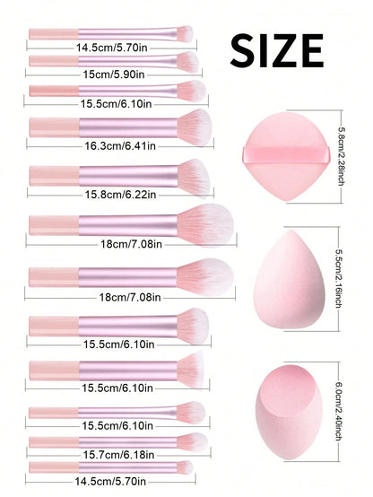 15pcs Professional Makeup Brush Set Includes 12pcs Aluminum Tube Makeup Brushes + 2pcs Big Size Makeup Sponges + 1pc Powder Puff, Powder Brush, Foundation Brush, Contour Brush, Blush Brush, Eyeshadow
