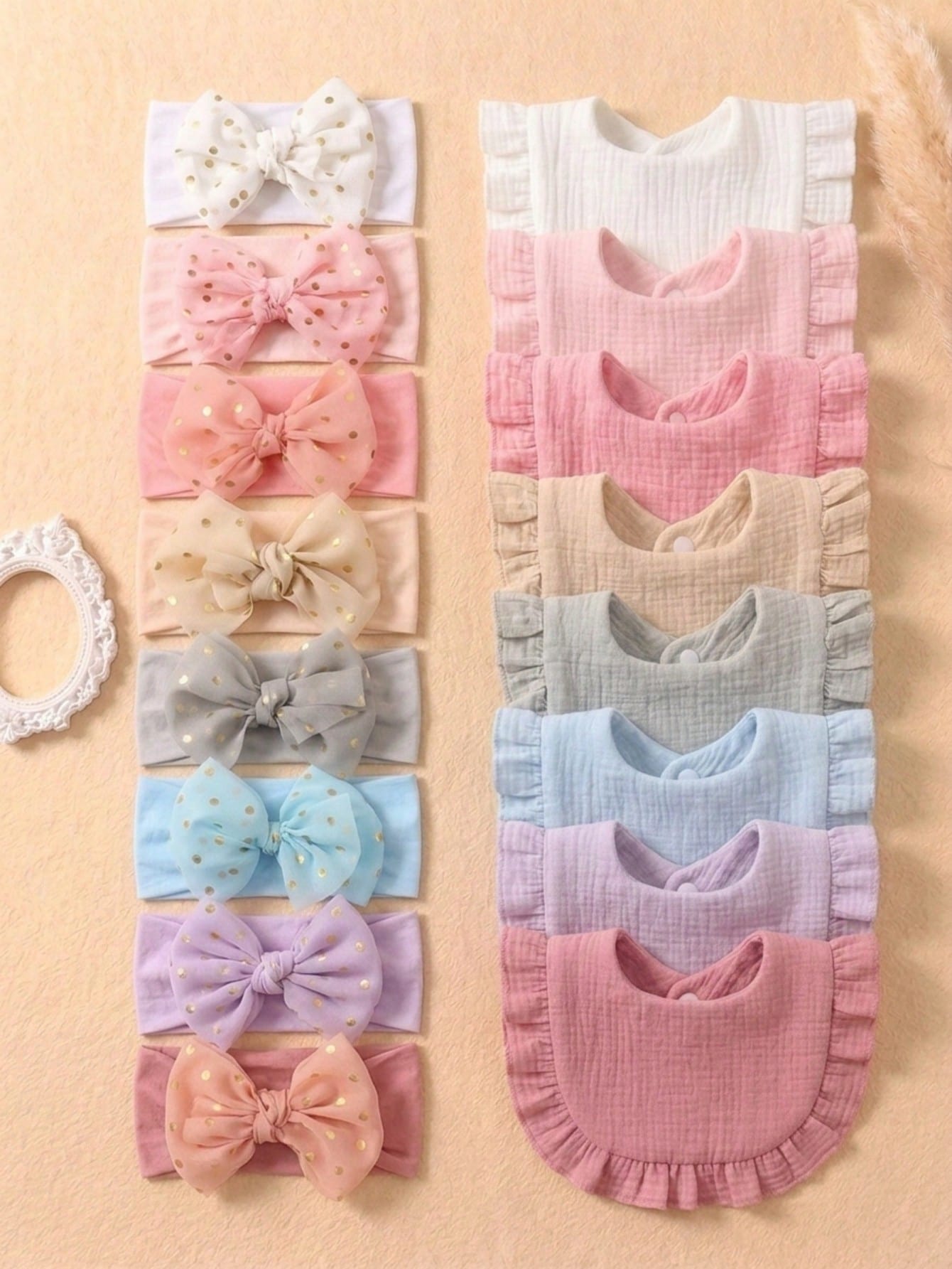 16pcs Newborn Candy Color Ruffled Bibs, Soft Elastic Candy Color Butterfly Headbands, Cute Princess Daily Accessories, Versatile For Everyday Wear