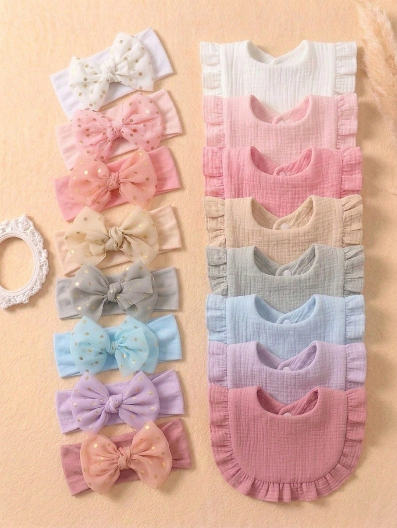 16pcs Newborn Candy Color Ruffled Bibs, Soft Elastic Candy Color Butterfly Headbands, Cute Princess Daily Accessories, Versatile For Everyday Wear
