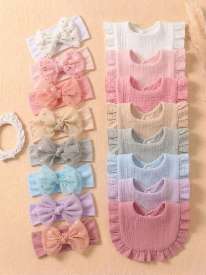 16pcs Newborn Candy Color Ruffled Bibs, Soft Elastic Candy Color Butterfly Headbands, Cute Princess Daily Accessories, Versatile For Everyday Wear
