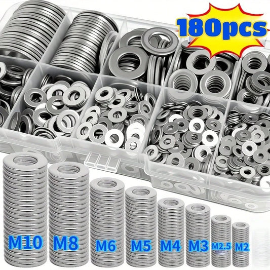180pcs Hardware Washer Assortment Tool Set, Durable Polished Surface, M2-M10 Size, Suitable For Home Decor And Kitchen Maintenance, Includes Storage Box, Meets Industrial Repair And Daily Needs, Door