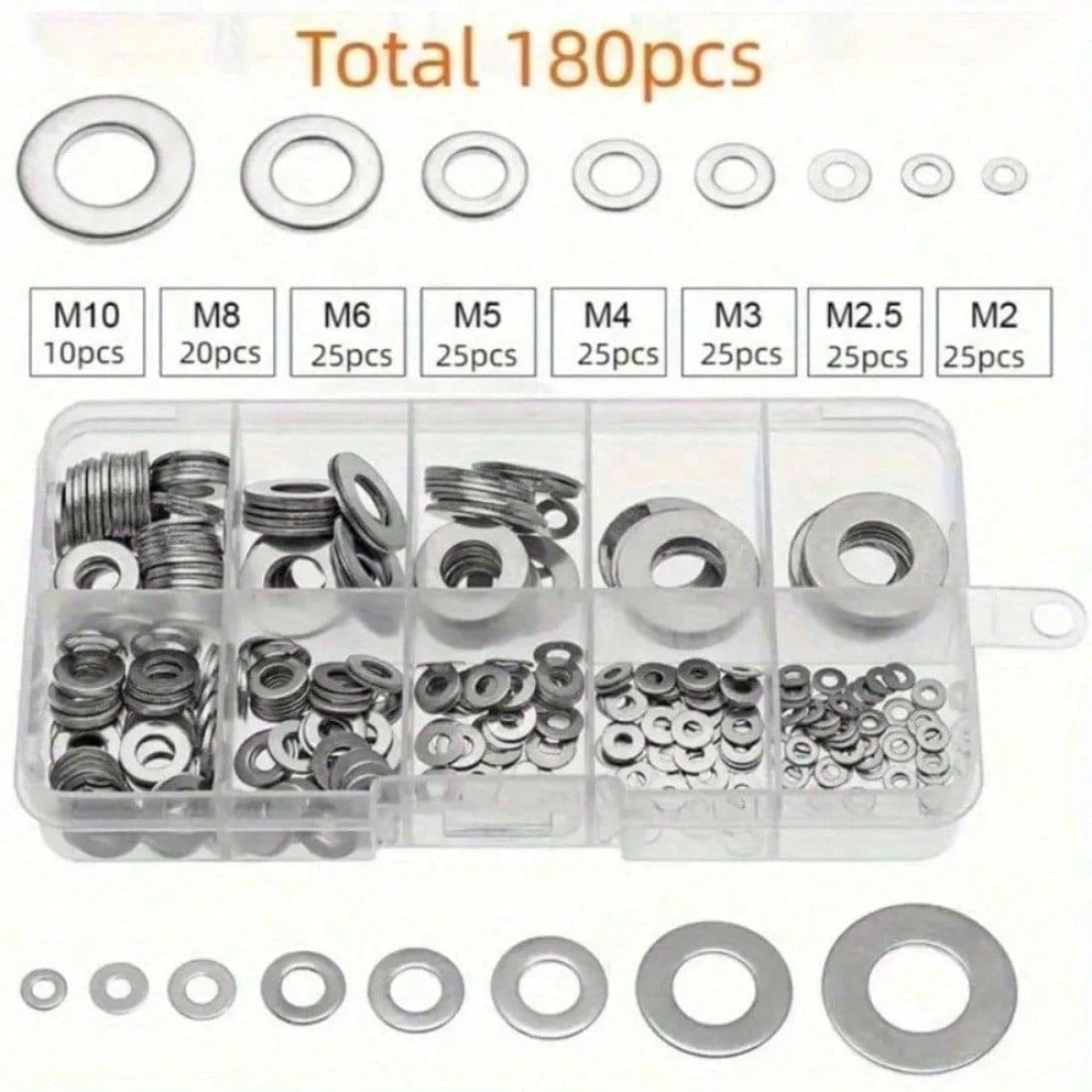 180pcs Hardware Washer Assortment Tool Set, Durable Polished Surface, M2-M10 Size, Suitable For Home Decor And Kitchen Maintenance, Includes Storage Box, Meets Industrial Repair And Daily Needs, Door