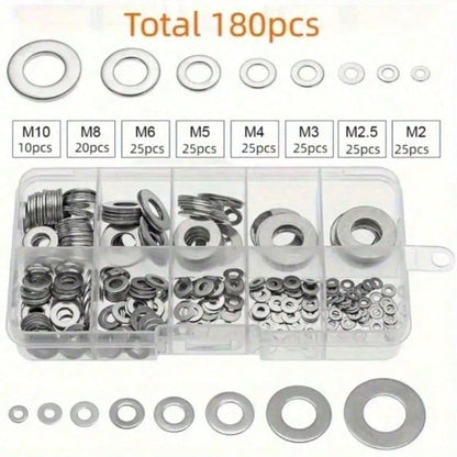 180pcs Hardware Washer Assortment Tool Set, Durable Polished Surface, M2-M10 Size, Suitable For Home Decor And Kitchen Maintenance, Includes Storage Box, Meets Industrial Repair And Daily Needs, Door