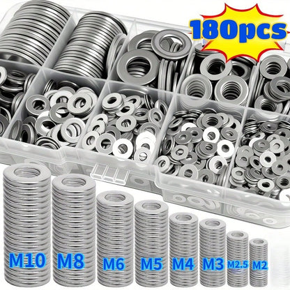180pcs Hardware Washer Assortment Tool Set, Durable Polished Surface, M2-M10 Size, Suitable For Home Decor And Kitchen Maintenance, Includes Storage Box, Meets Industrial Repair And Daily Needs, Door