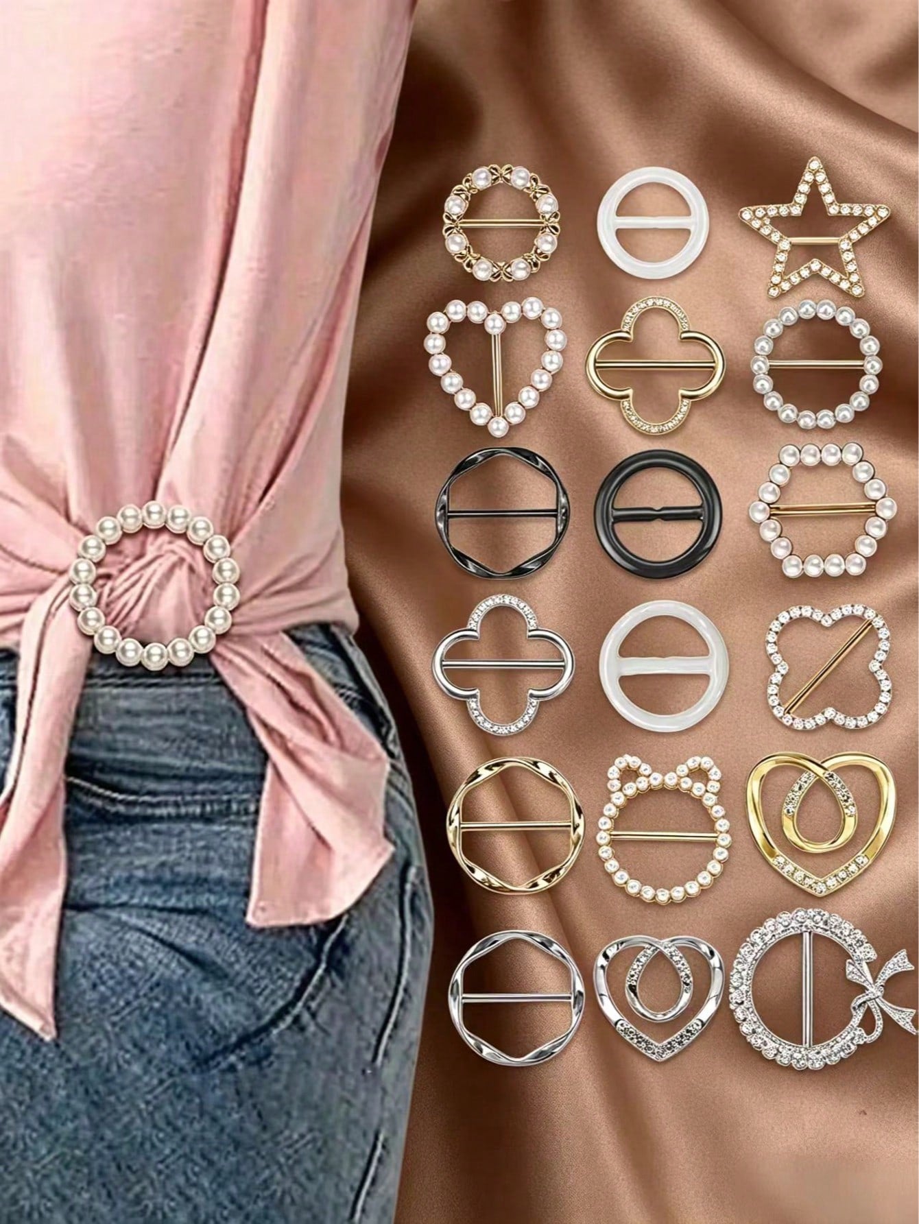 18pcs Women Shirt Collar Clips, T-Shirt Tie Or Ring Clips, Scarf Loop Clips Suitable For Loose Clothes, Corner Knotted Button Fashionable Metallic Round Shirt Clips