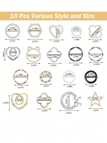 18pcs Women Shirt Collar Clips, T-Shirt Tie Or Ring Clips, Scarf Loop Clips Suitable For Loose Clothes, Corner Knotted Button Fashionable Metallic Round Shirt Clips