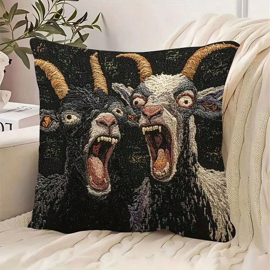 1PC 17.7*17.7 Inch Single-Sided Pillowcase, 2D Screaming Goat Print, Modern Style With Zipper Closure. Plain Printed Design, No Embroidery Or Pillow Insert Included. Funny Decorative Cover, Ideal For