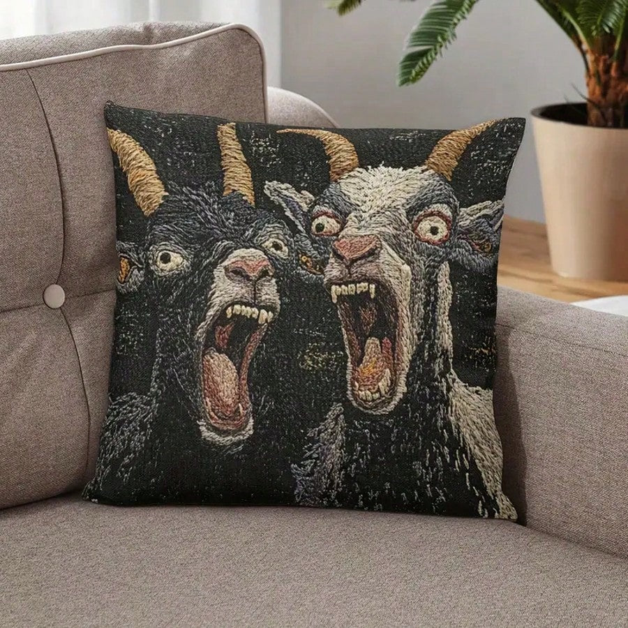 1PC 17.7*17.7 Inch Single-Sided Pillowcase, 2D Screaming Goat Print, Modern Style With Zipper Closure. Plain Printed Design, No Embroidery Or Pillow Insert Included. Funny Decorative Cover, Ideal For