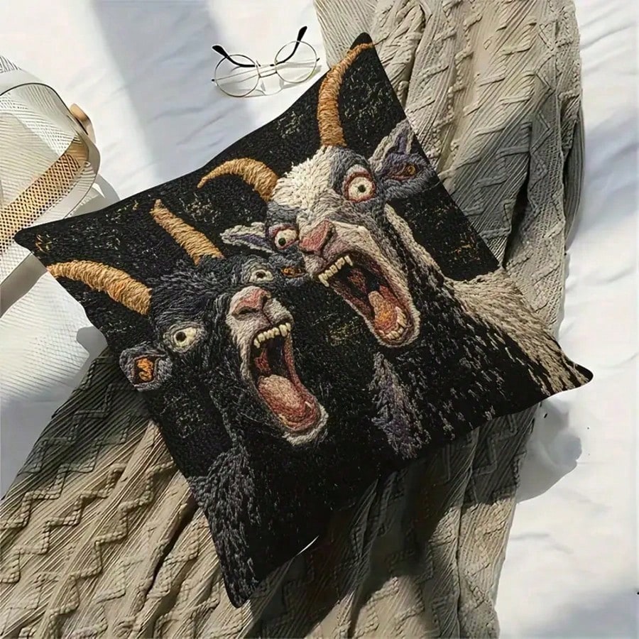 1PC 17.7*17.7 Inch Single-Sided Pillowcase, 2D Screaming Goat Print, Modern Style With Zipper Closure. Plain Printed Design, No Embroidery Or Pillow Insert Included. Funny Decorative Cover, Ideal For