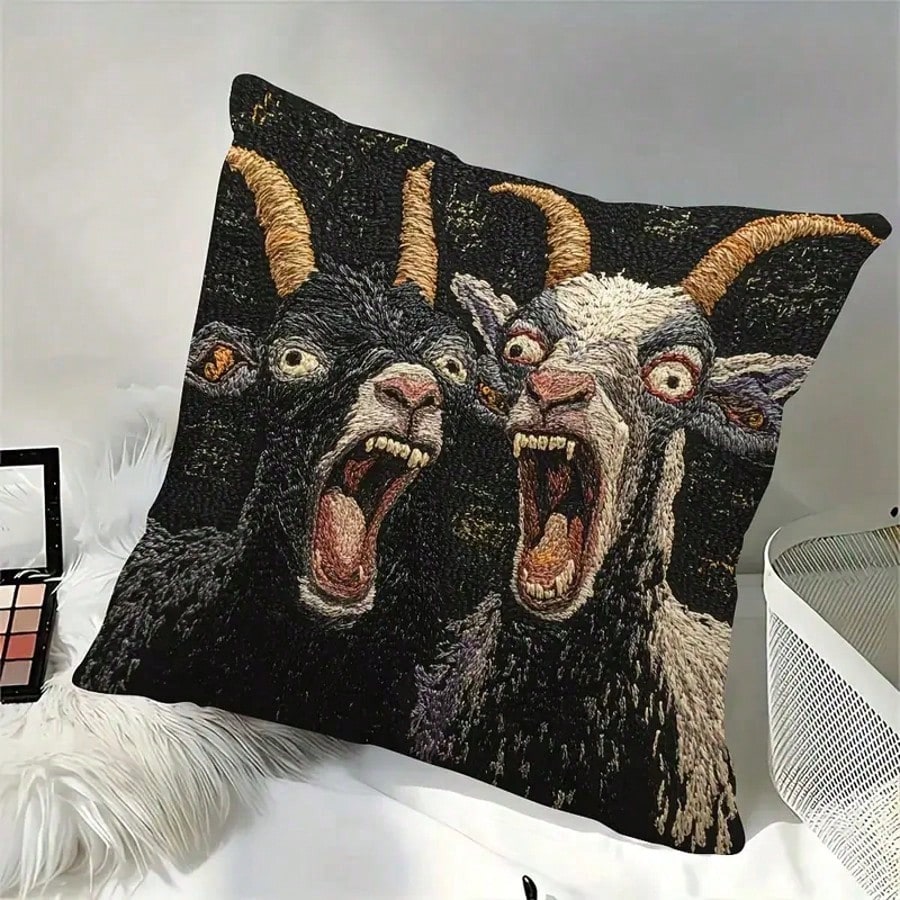 1PC 17.7*17.7 Inch Single-Sided Pillowcase, 2D Screaming Goat Print, Modern Style With Zipper Closure. Plain Printed Design, No Embroidery Or Pillow Insert Included. Funny Decorative Cover, Ideal For