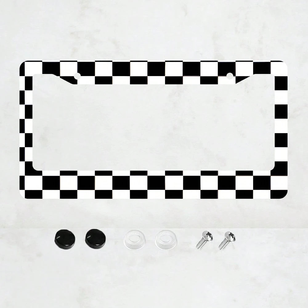 1PC 2-Hole License Plate Frame Aluminum 6x12 Inches With Screws Black And White Checkerboard Pattern American Canadian And Mexican Standard Sizes Retro Novelty Car Decoration Friends And Family