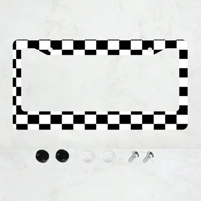 1PC 2-Hole License Plate Frame Aluminum 6x12 Inches With Screws Black And White Checkerboard Pattern American Canadian And Mexican Standard Sizes Retro Novelty Car Decoration Friends And Family