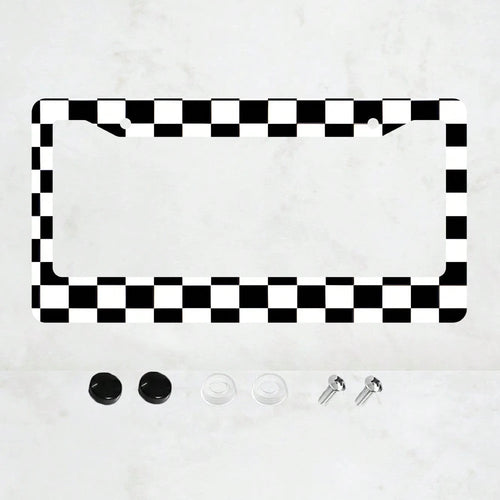1PC 2-Hole License Plate Frame Aluminum 6x12 Inches With Screws Black And White Checkerboard Pattern American Canadian And Mexican Standard Sizes Retro Novelty Car Decoration Friends And Family