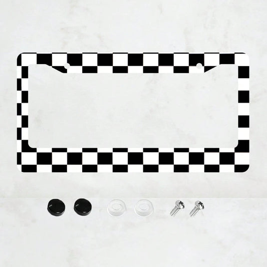 1PC 2-Hole License Plate Frame Aluminum 6x12 Inches With Screws Black And White Checkerboard Pattern American Canadian And Mexican Standard Sizes Retro Novelty Car Decoration Friends And Family