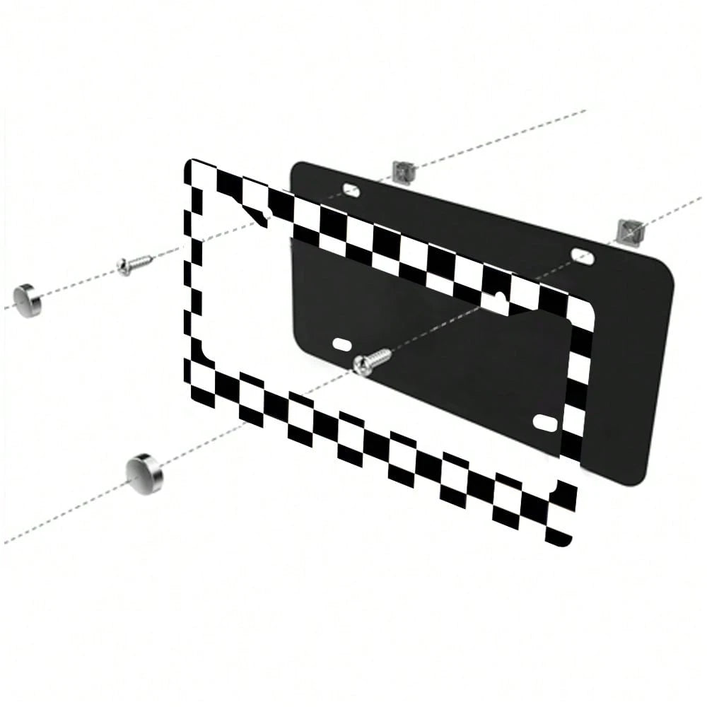 1PC 2-Hole License Plate Frame Aluminum 6x12 Inches With Screws Black And White Checkerboard Pattern American Canadian And Mexican Standard Sizes Retro Novelty Car Decoration Friends And Family