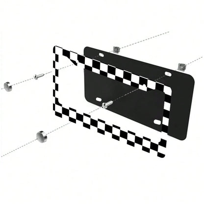 1PC 2-Hole License Plate Frame Aluminum 6x12 Inches With Screws Black And White Checkerboard Pattern American Canadian And Mexican Standard Sizes Retro Novelty Car Decoration Friends And Family