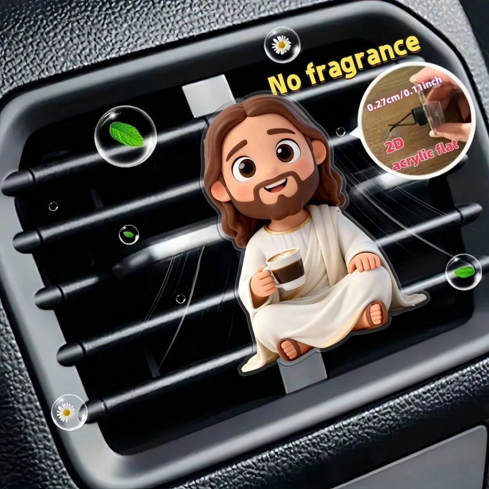 1pc 2D Flat Cartoon Jesus Drinking Coffee Car Air Vent Clip, Fragrance-Free Acrylic Resin Car Interior Decoration, Reusable Fragrance-Free Sponge Pad, DIY Customizable Scented Car Air Vent Accessory